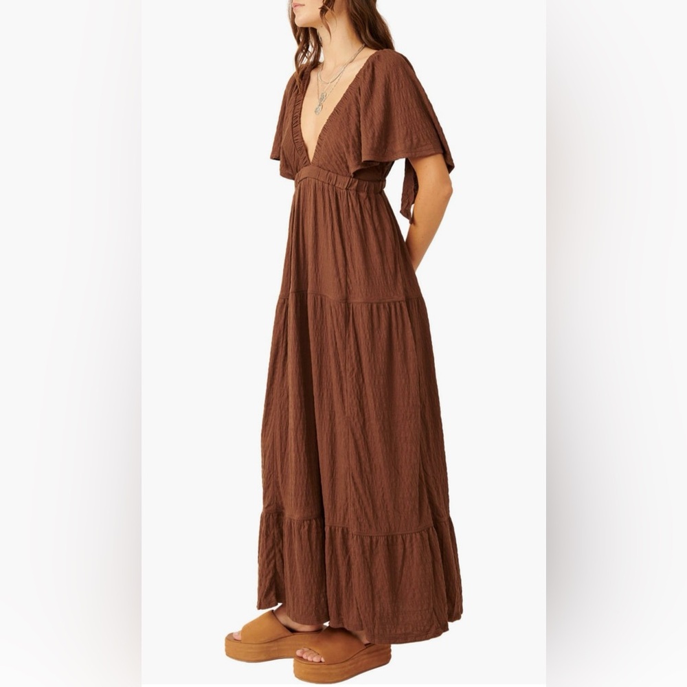 Free People free-est La La Tiered Flutter Sleeve Maxi Dress Brown Size XL